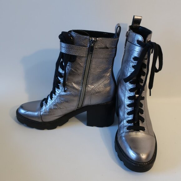 Womens Marc Fisher Waren Silver Leather Lace Up Zip Block Heeled Combat Boots 8 - Picture 3 of 15